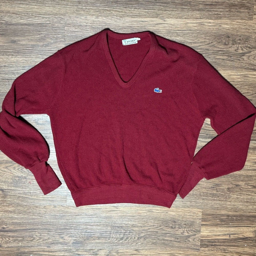 Vintage 1970s IZOD Lacoste V-Neck Sweater Burgundy Blue Croc rare